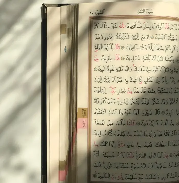 An open Quran on a table with shadows, reflecting a serene and contemplative atmosphere.